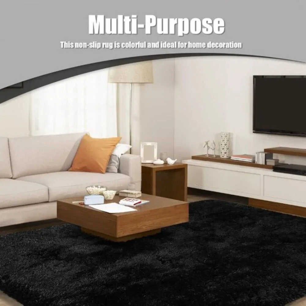 New 8x10 Black Fluffy Area Rug, Soft Shag Non-Shedding Carpet for Living Room
